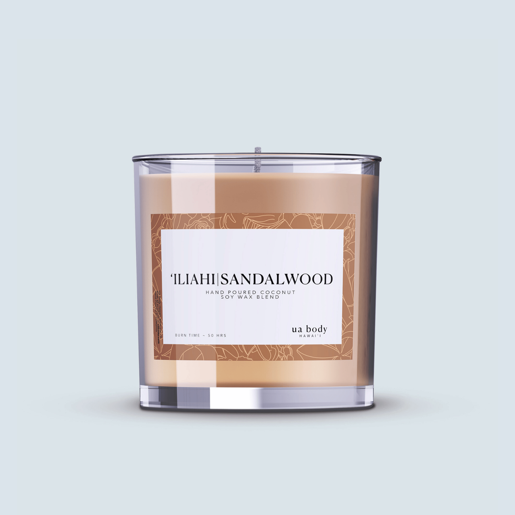 Iliahi Sandalwood Scented Candle on blue background